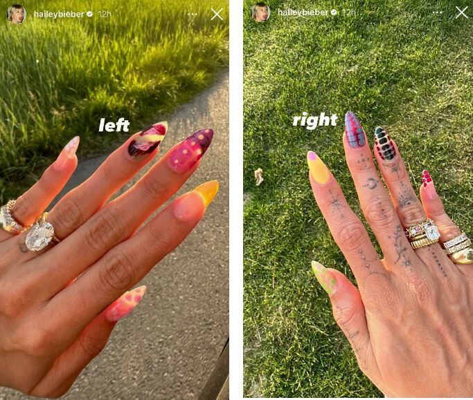 Uñas maximalistas de Hailey Bieber. Collage por Revista Para Ti.