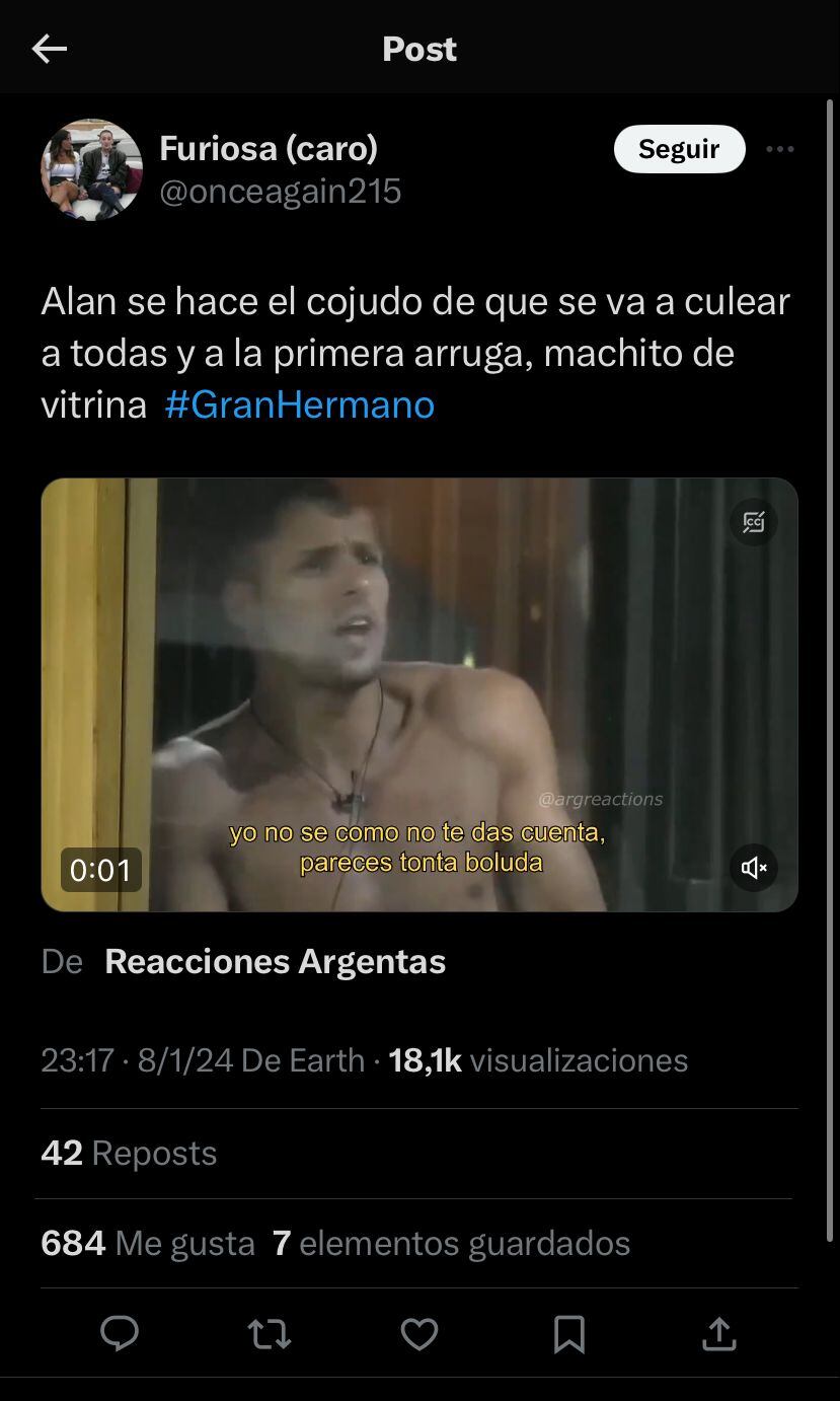 Alan, el blanco de memes por elegir a Manzana para una noche romántica en Gran Hermano. Captura de pantalla.