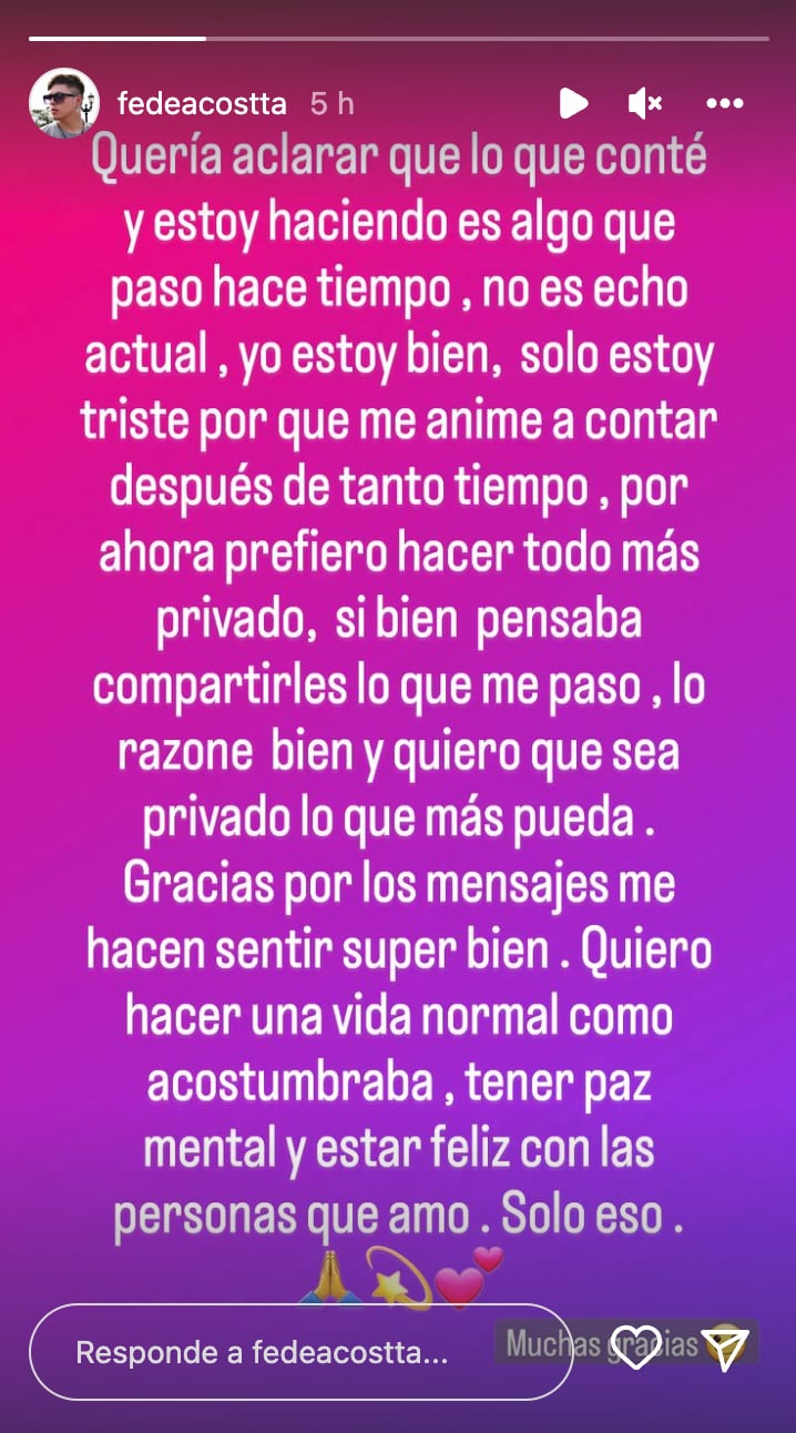 El descargo de Federico Acosta tras la aparición de Guido Süller en televisión desmintiendo la denuncia por acoso.