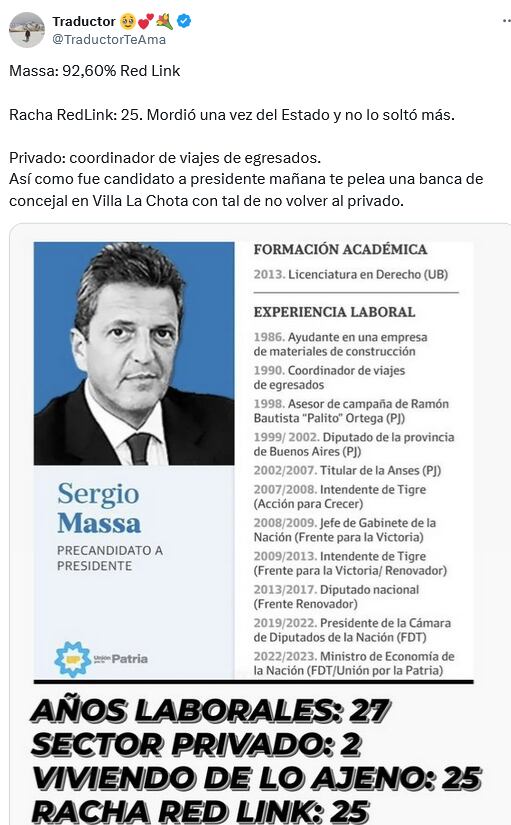 La mujer de Sergio Massa tuvo un cruce en X con un tuitero por el CV del ex ministro de Economía.