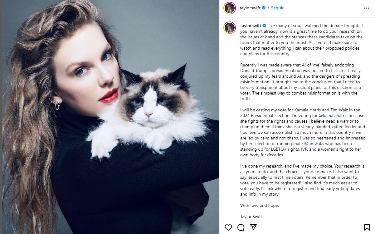 El posteo de Taylor Swift para apoyar la candidatura de Kamala Harris en Estados Unidos (Instagram)