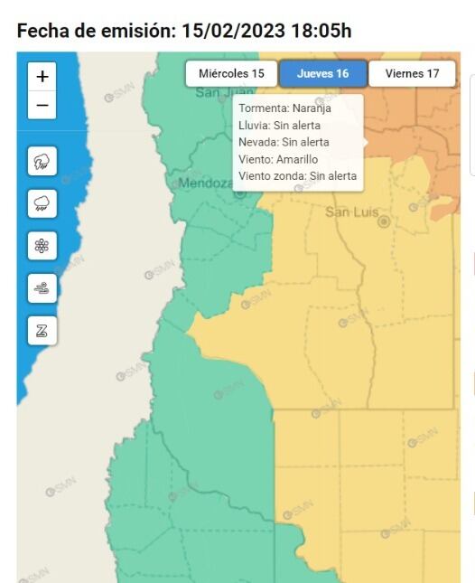 El SMN emitió una alerta amarilla para este jueves 16 de febrero. Foto: SMN