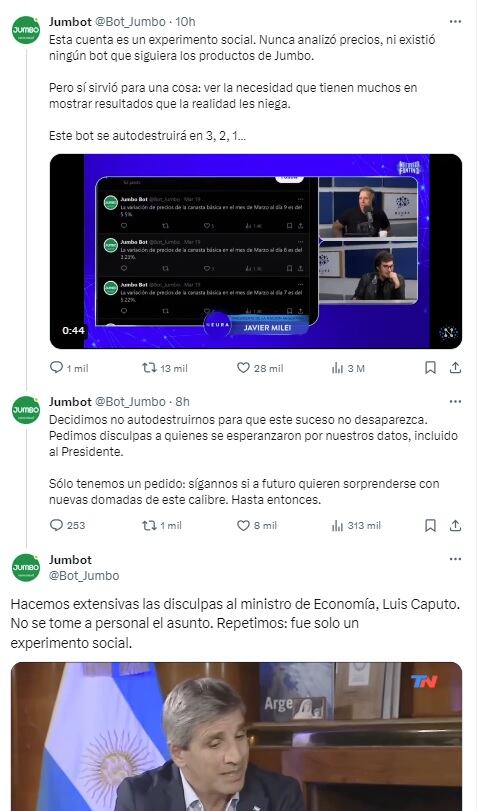 Jumbot (@Bot_Jumbo), la cuenta de X que viralizó Javier Milei. Era un "experimento social".