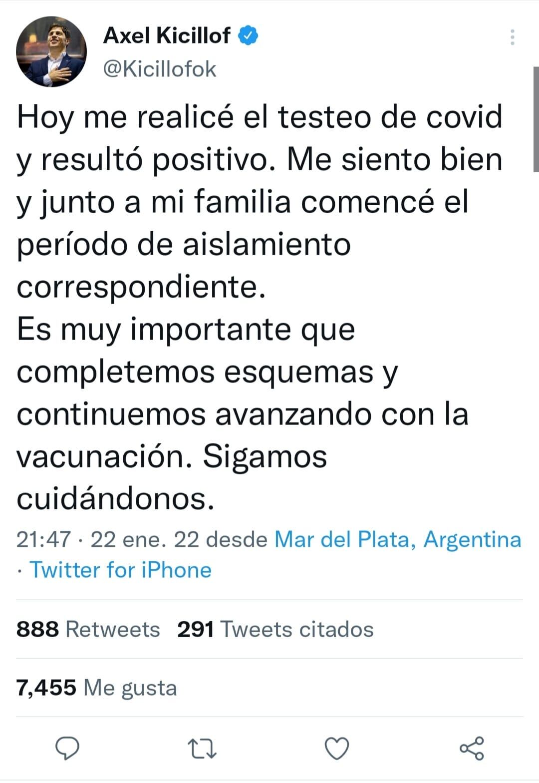 Axel Kicillof tiene coronavirus.