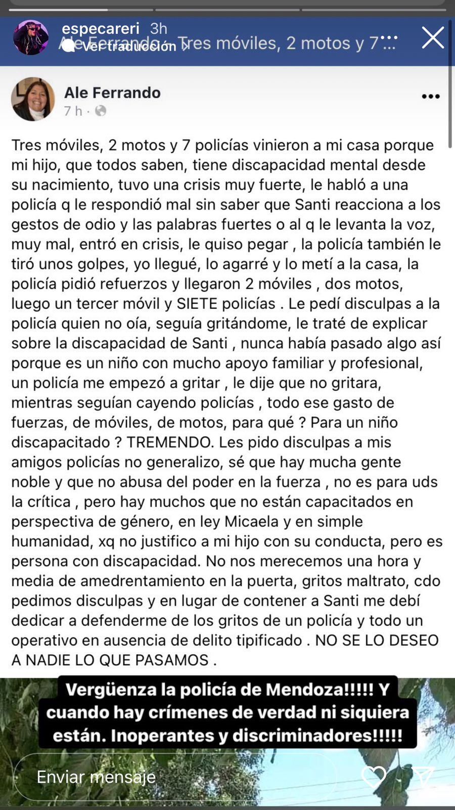 Descargo que hizo la madre de Esperanza Careri en las redes sociales.