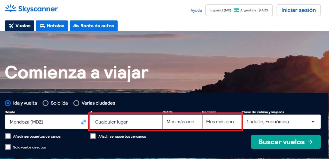 SkyScanner permite buscar sin lugar ni fecha específica