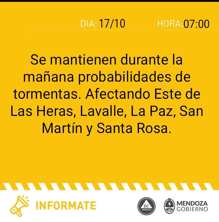 Alerta amarilla de Defensa Civil por tormentas para hoy en Mendoza.