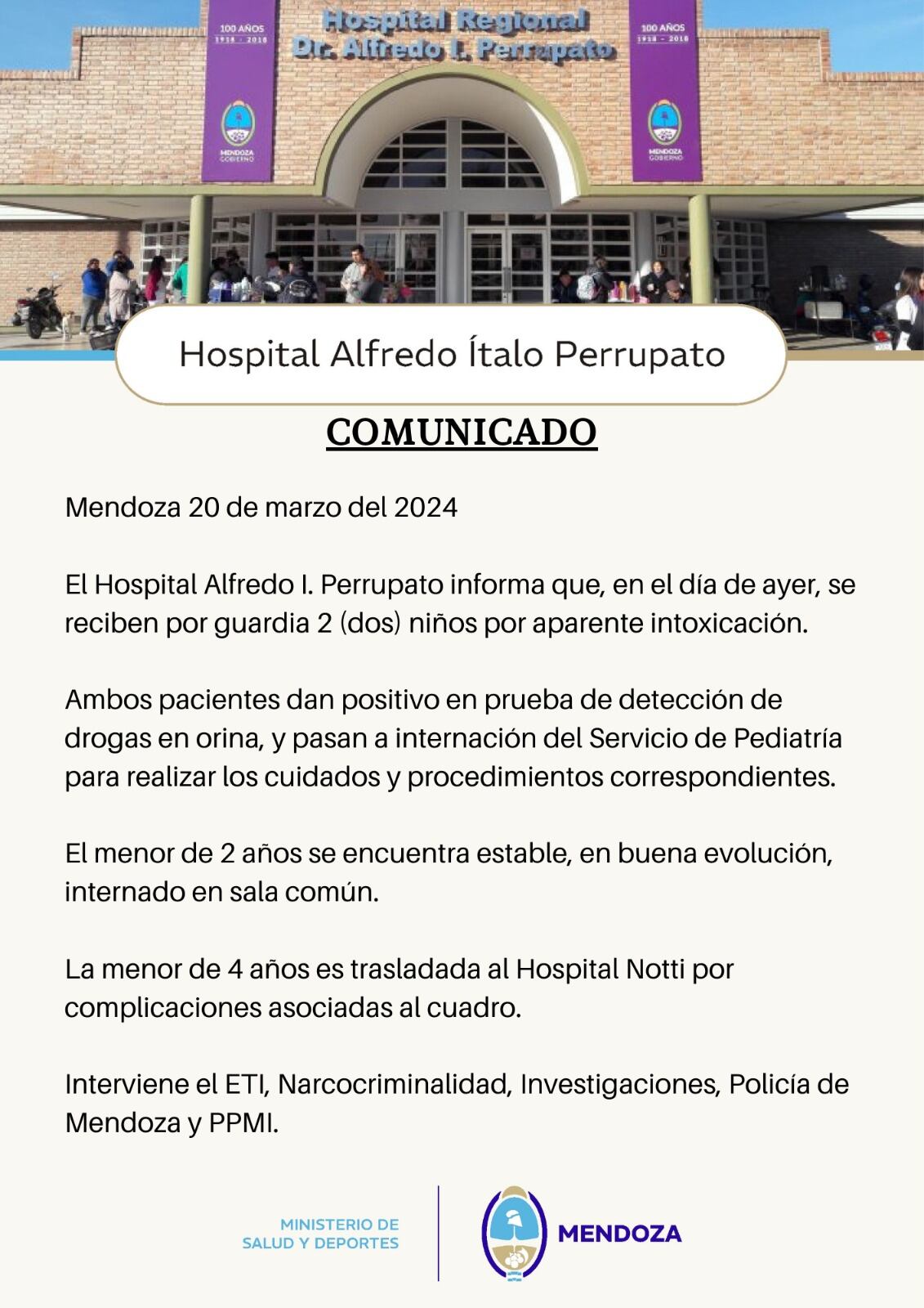 Dos niños de 2 y 4 años consumieron cocaína y fueron hospitalizados: la niña sigue internada. Foto: Ministerio de Salud de Mendoza