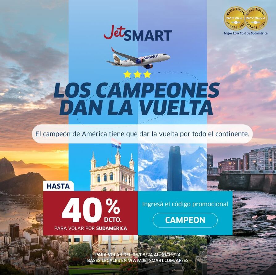 JetSmart salió a festejar con descuentos de hasta el 40% en pasajes aéreos tras la victoria argentina en la Copa América. Captura: Instagram