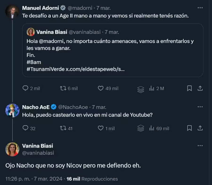 La discusión entre Adorni y Biasi en las redes que derivó a un desafío online. Foto: Captura