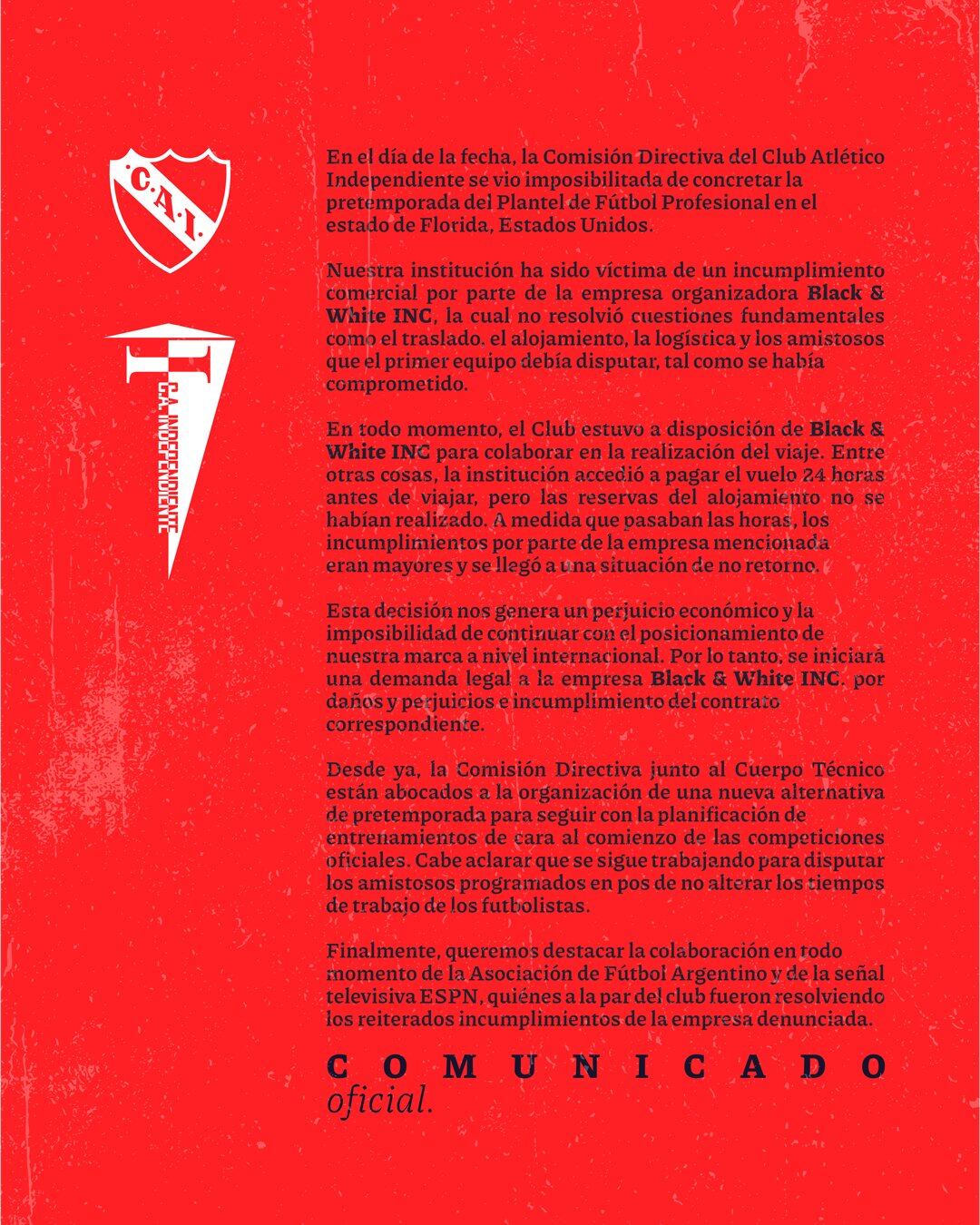 El descargo de Independiente por la cancelación de su pretemporada en Miami