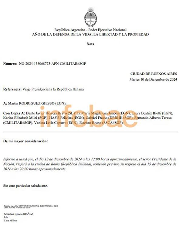 En Casa Rosada desmienten a Villarruel y aseguran que había sido notificada dos días antes del viaje de Milei. Gentileza Infobae