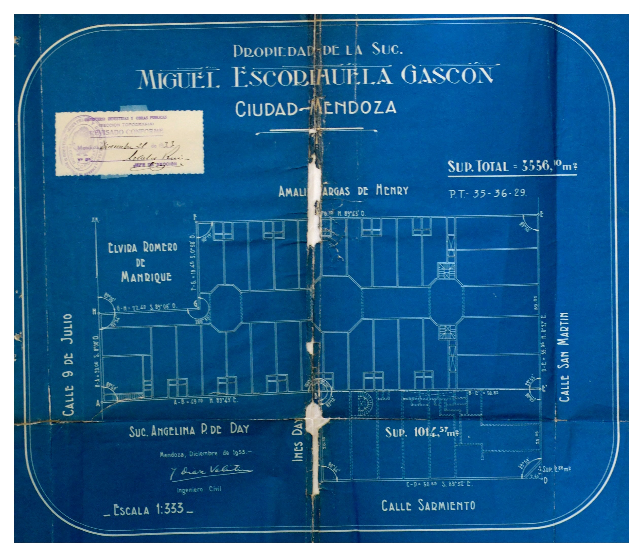 Plano original del Pasaje San Martín, (a Escala 1:333).  Aprobado por el Ministerio de Industrias y Obras Públicas, que se conserva en el Archivo General de la Mendoza. El sueño del empresario español Miguel Escorihuela Gascón, comenzaba a tomar sus futuras formas. Foto:  Orlando Pelichotti