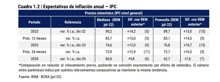 El informe se publicó el 5 de agosto de 2022, se difunden los resultados del relevamiento realizado entre los días 27 y 29 de julio de 2022. Se contemplaron pronósticos de 39 participantes, entre quienes se cuentan 26 consultoras y centros de investigación locales e internacionales y 13 entidades financieras de Argentina.