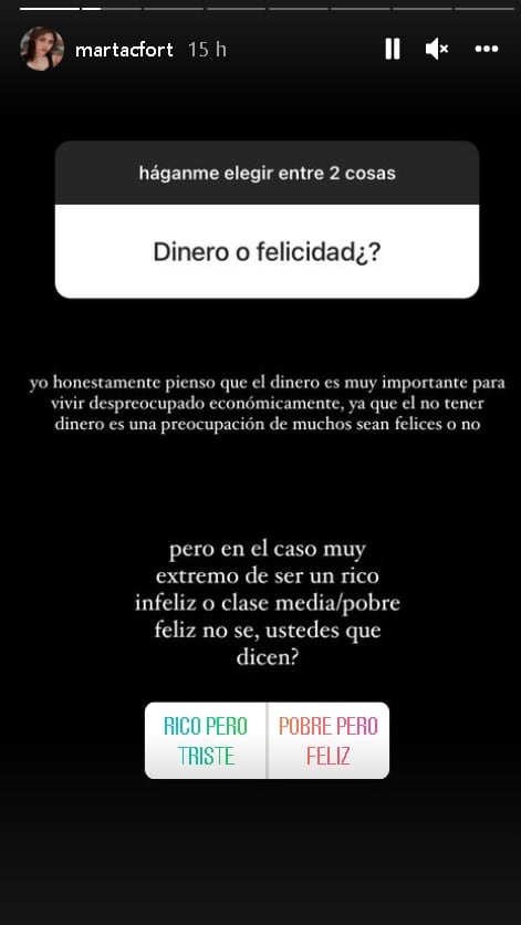 "¿Dinero o felicidad?", la pregunta que le hicieron a Marta Fort en Instagram.