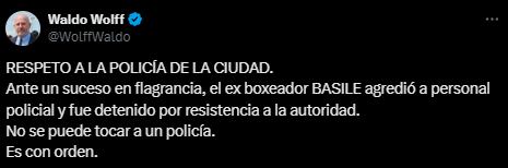 El tuit de Waldo Wolff sobre la detención de Gonzalo Basile. Foto: captura.