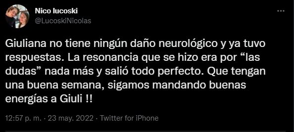 “¡No tiene daño neurológico!”: La familia de Giuliana Lucoski se ilusiona y le quitarán el respirador. Foto: Twitter.