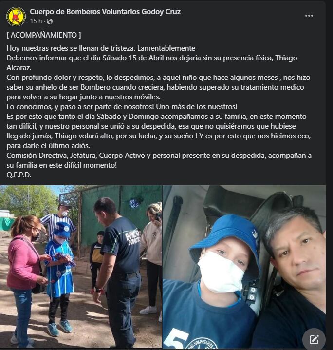 El emotivo cuento que una maestra dedicó a un niño que falleció por leucemia: “Thiaguito se subió a una nube”. Foto: Facebook Cuerpo de Bomberos Voluntarios Godoy Cruz