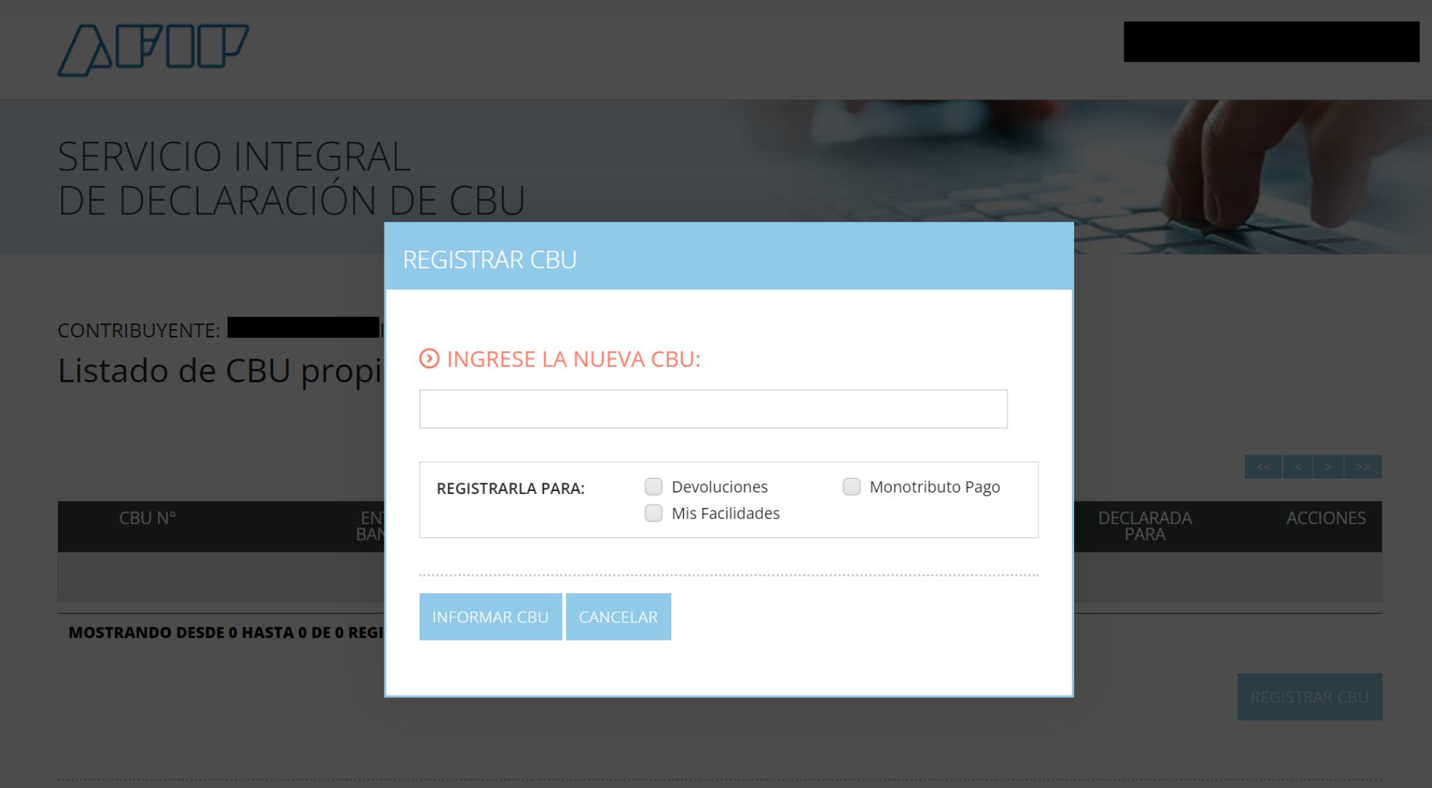 Ingresar el CBU en AFIP.