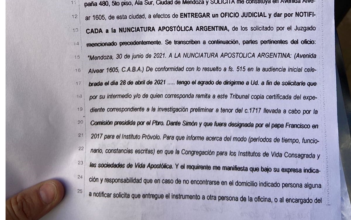 El oficio que los abogados de las víctimas del Próvolo -primero- y una escribana -después- llevaron a la Nunciatura Apostólica y no fue recibida.