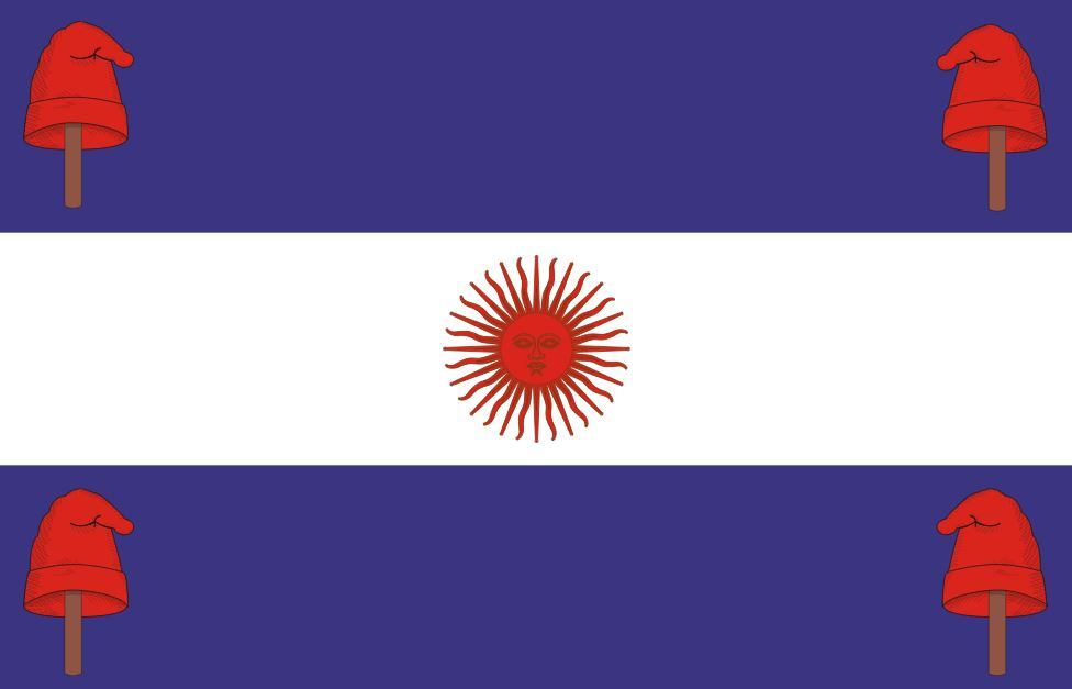 Otra de las banderas de la Confederación Argentina. Esta incluye los símbolos en color punzó.