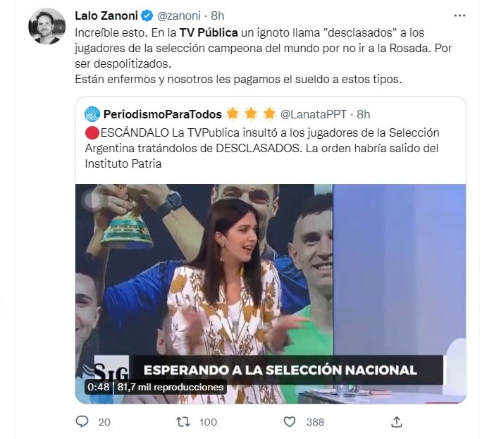 Críticas en redes sociales a la TV Pública por tildar de "desclasados" a los jugadores de la Selección Argentina (Twitter)