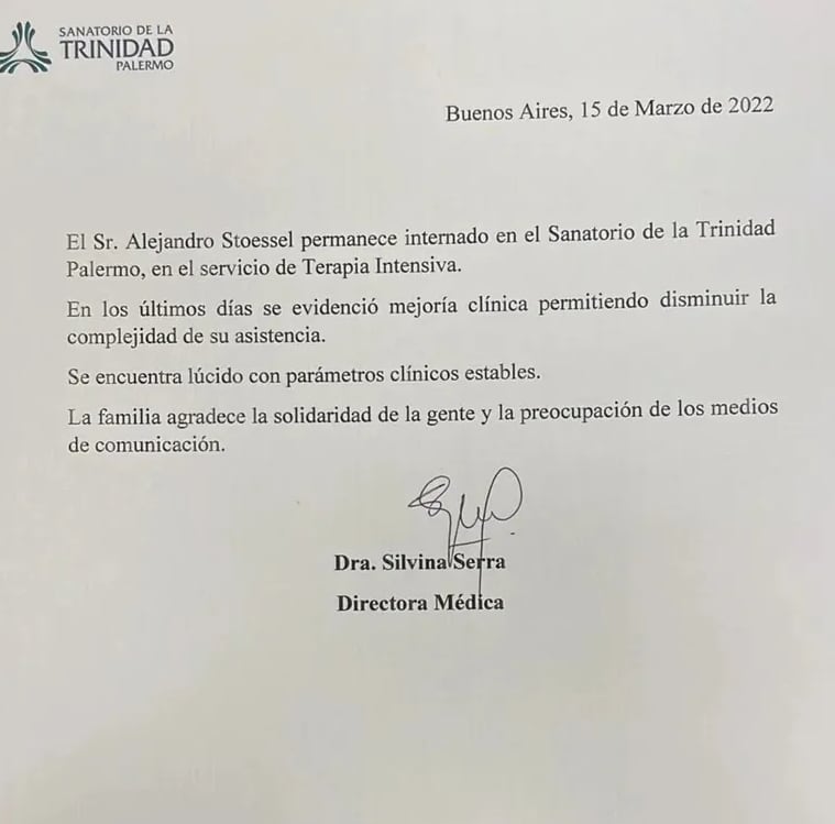 Último parte médico comunicado por el Sanatorio de la Trinidad.