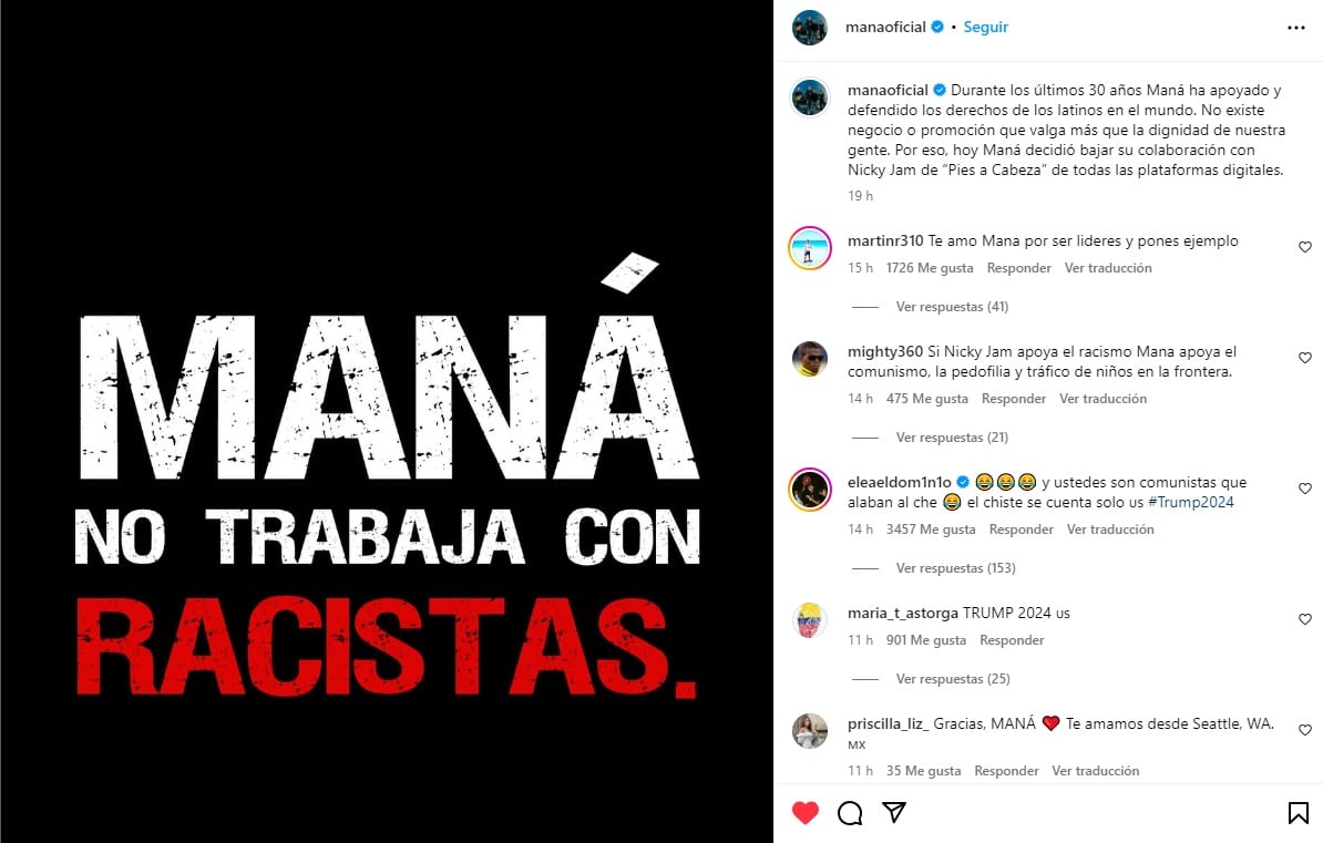 "Maná no trabaja con racistas", en referencia a Nicky Jam apoyando a Donald Trump (Instagram)