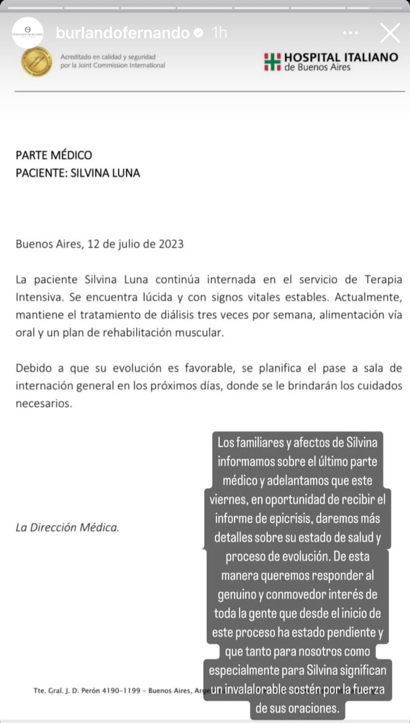 El nuevo parte médico de Silvina Luna