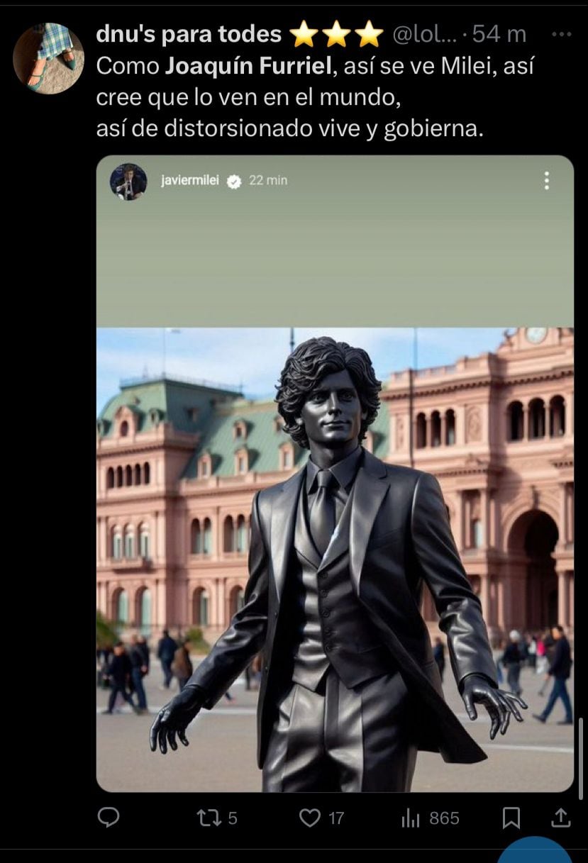 La supuesta estatua de Javier Milei que se parece más a Joaquín Furriel.