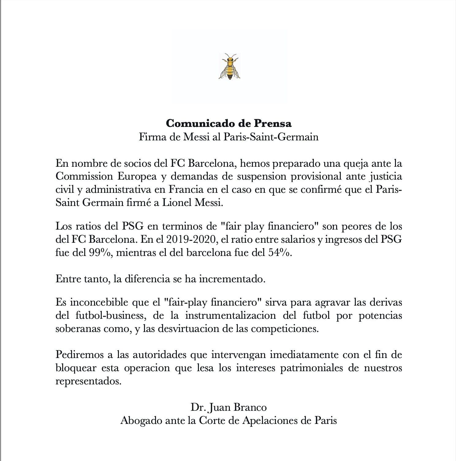 El abogado de los socios del club Barcelona, Juan Branco, pretende la suspensión de un eventual traspaso de Messi al PSG.