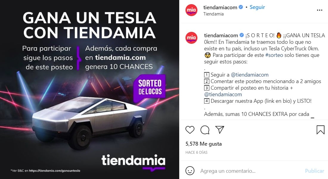 El sorteo del Tesla en Tiendamia (Instagram) 