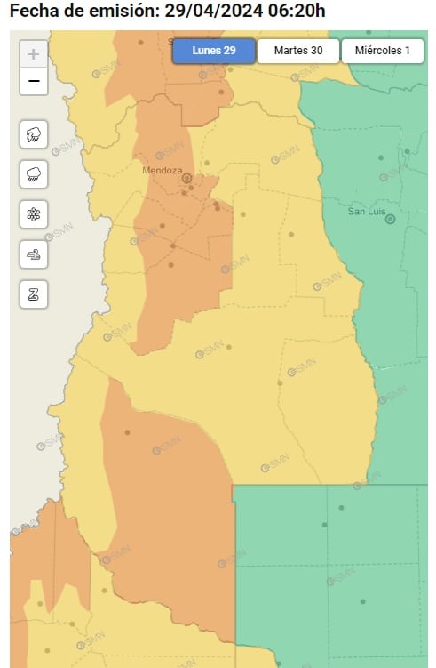 Mapa de SMN: alertas por Zonda y nevadas en Mendoza