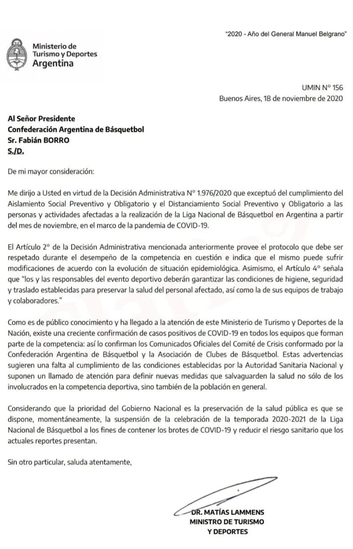 Comunicado de la suspensión de la Liga Nacional de Básquet por contagios masivos de Covid-19. / Gentileza.