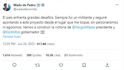 El Tweet que escribió Wado de Pedro. Gentileza: Foto captura @wadodecorrido.