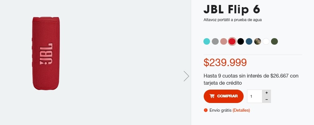 El mismo modelo de parlante en la tienda oficial de JBL en Argentina tiene un precio de $239.999.