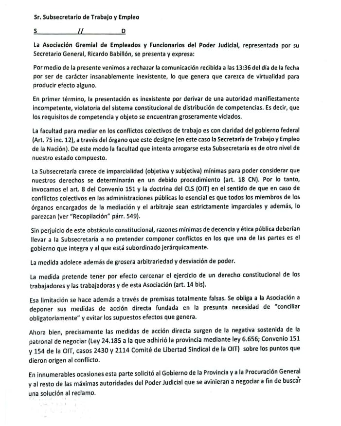 La Subsecretaría de Trabajo y Empleo había dictado la conciliación obligatoria en el conflicto que mantiene la Asociación Gremial de Empleados y Funcionarios del Poder Judicial y el Ministerio Público Fiscal.