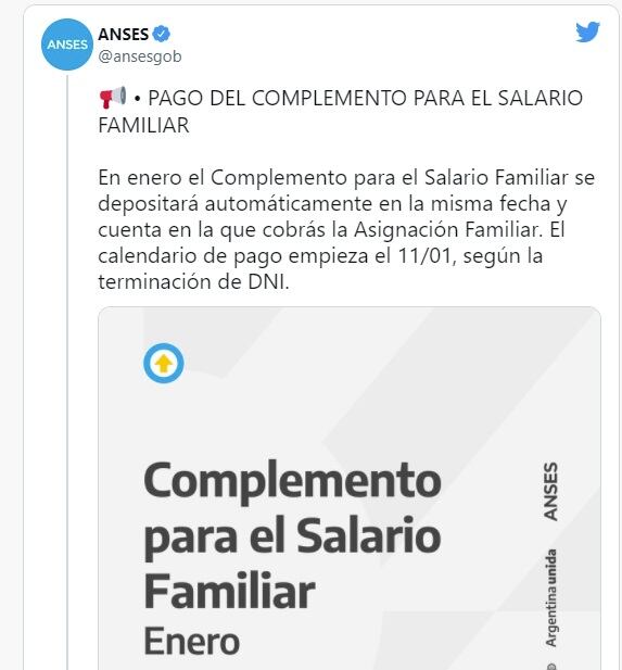 Anses confirmó el pago del complemento para el salario familiar - Twitter