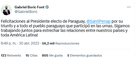 Mandatarios regionales saludaron a Santiago Peña, tras ganar las elecciones presidenciales este domingo. Twitter