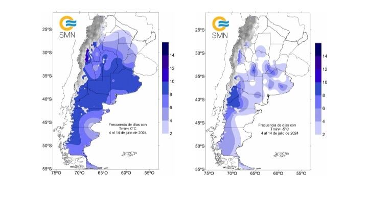 Este evento tuvo recurrencia de temperaturas muy bajas sobre la franja central con alta frecuencia de heladas (temperaturas inferiores a 0°C).