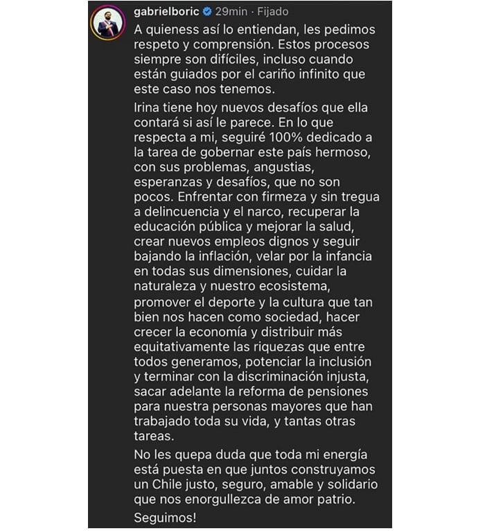 En los comentarios de la publicación, Boric pidió que respeten el proceso que atraviesa tanto él como Karamanos, a la vez que se comprometió al 100% con sus responsabilidades como mandatario. Foto: Gabriel Boric en Instagram