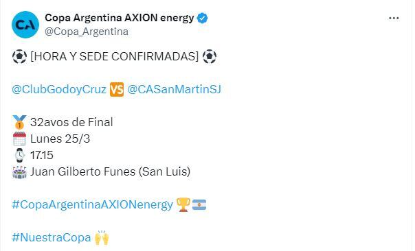 Hora y sede de Copa Argentina, para el clásico cuyano.