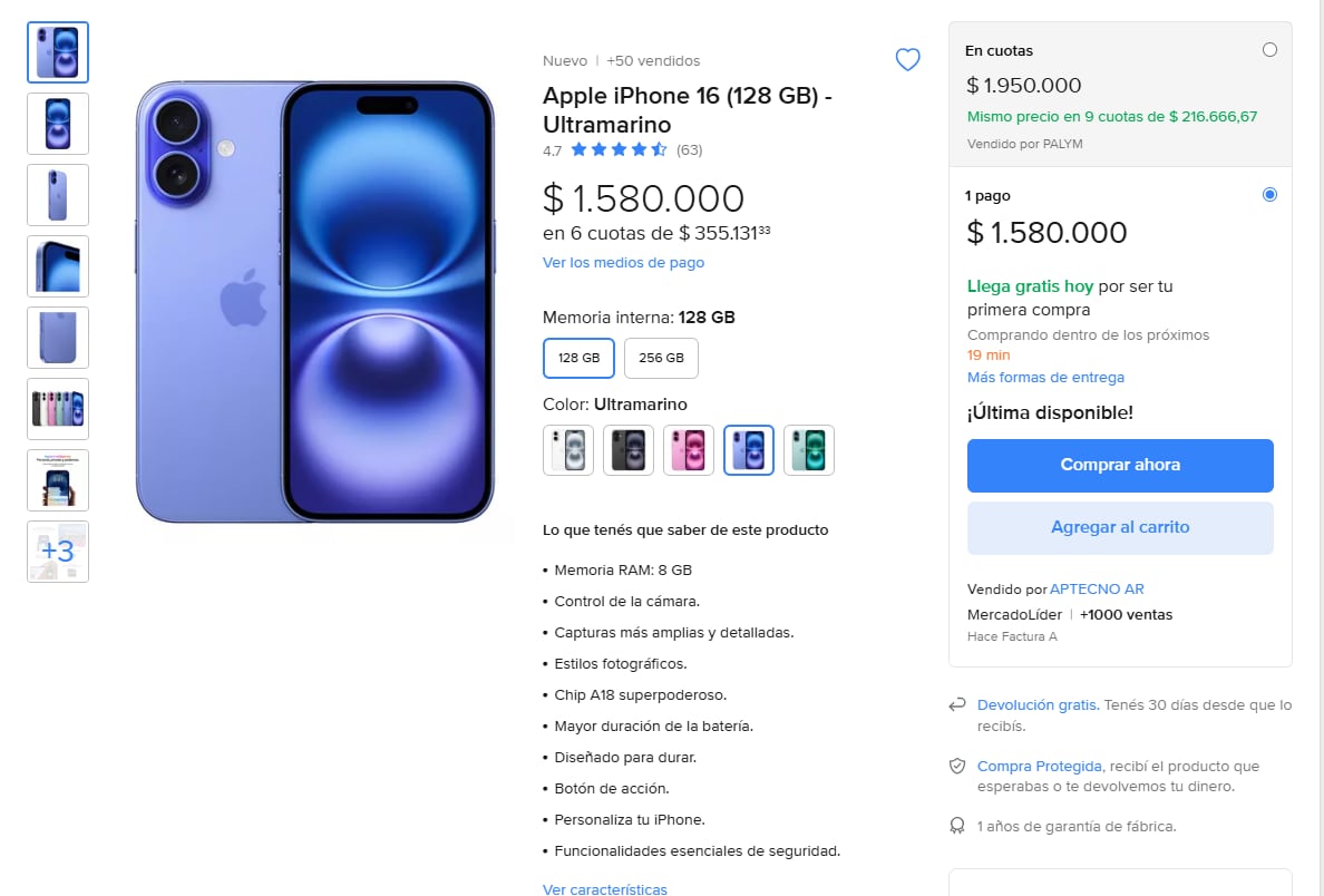 Precio de iPhone 16 en Mercado Libre, normal