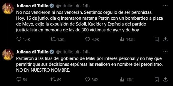 Así lo expresó Di Tullio en su cuenta de X. Gentileza: Captura X @ditulliojuli.