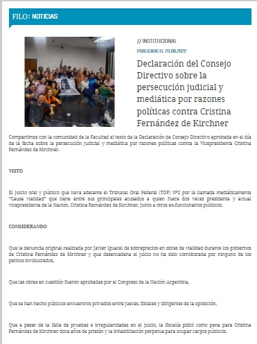 La primera parte del comunicado de la Facultad de Filosofía y Letras de la UBA. 