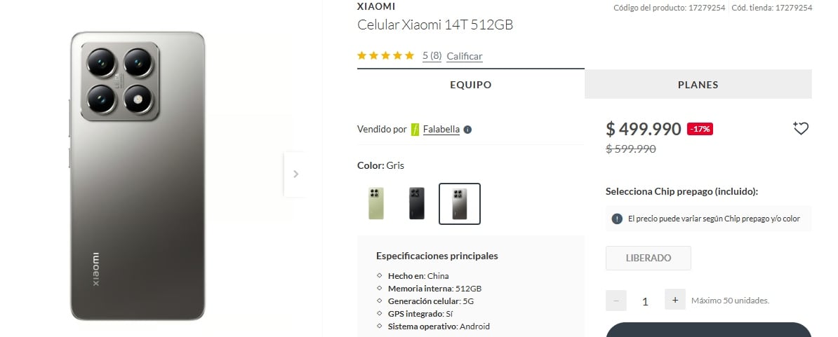 La tienda de Falabella ofrece un celular Xiaomi 14T con 512GB a un precio de $499.990 chilenos.