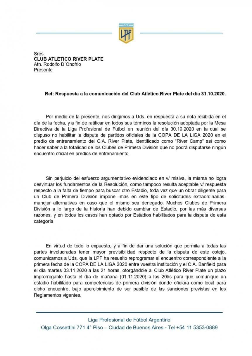 La LPF determinó que River vs. Banfield se juegue el próximo martes a las 21. No permiten el River Camp.  / Gentileza.