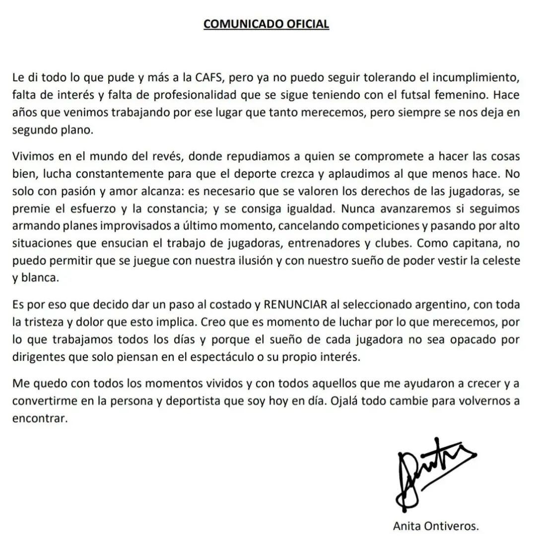 El comunicado de Ana Ontiveros