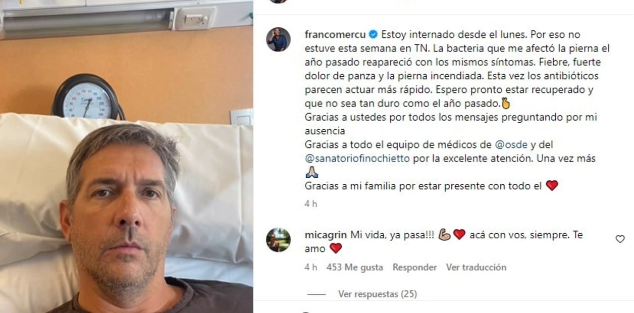 El periodista realizó un posteo informando sobre su situación luego de ser internado el lunes pasado. Instagram.