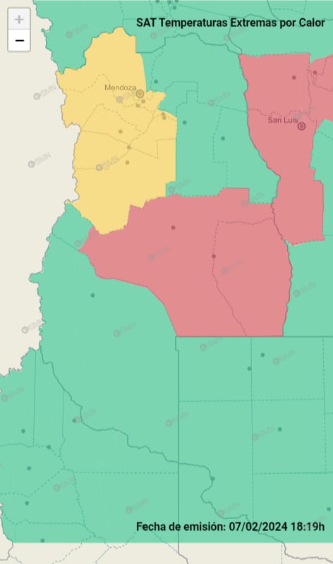 Rige un alerta roja por temperaturas extremas del Servicio Meteorológico Nacional en San Rafael y General Alvear.